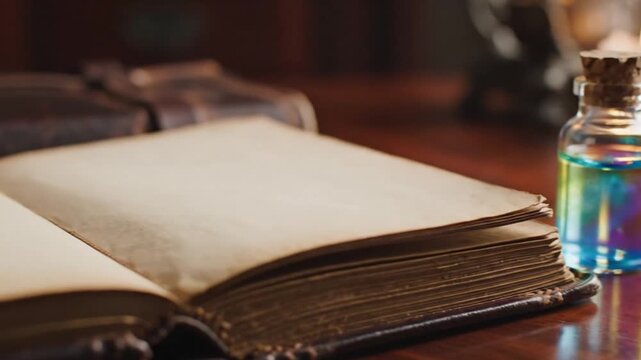 A Glimpse into the Alchemist's Study - Worn Journal and Iridescent Vial on Desk