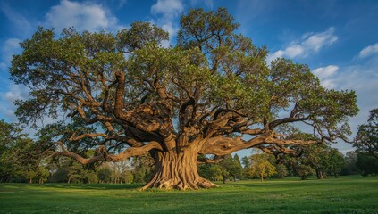 Obraz premium Ancient tree towering in a green park, illustrating seasonal change