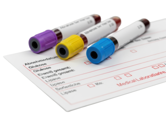 Three blood test tubes (purple, yellow, blue caps) and a white German medical form on a lab countertop, shadowless macro light, concept of medical precision.