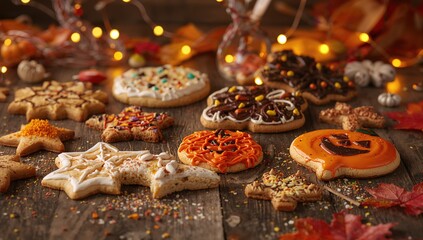 Tasty seasonal cookies crafted at home displayed on rustic wood