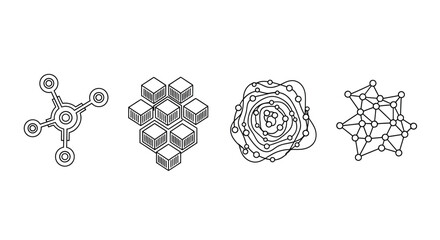 Four abstract geometric line drawings representing molecular structures and complex patterns vector