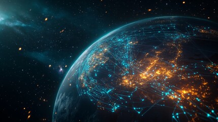Fototapeta premium A global digital network spanning the entire planet, with luminous blue streams of light representing connections and the flow of information 