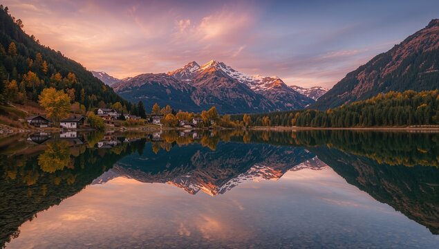 Sunrise in autumn with lake reflection at Lej da Staz