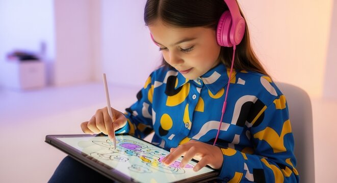Creative girl with pink headphones drawing on a digital tablet. Child engaged in e-learning and digital art at home. Beta generation and modern technology concept