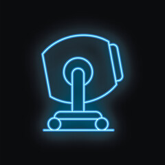 Blue glowing neon line studio spotlight icon isolated on black background. Scene, stage lighting. Vector