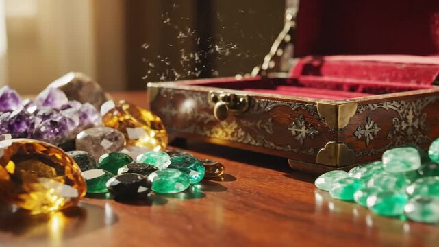 Artfully Arranged Gemstones on Sunlit Tabletop Amethyst Citrine Emerald Display