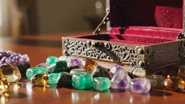 Sunlit Gemstone Showcase Ethically Sourced Amethyst Citrine Emerald Artfully Displayed