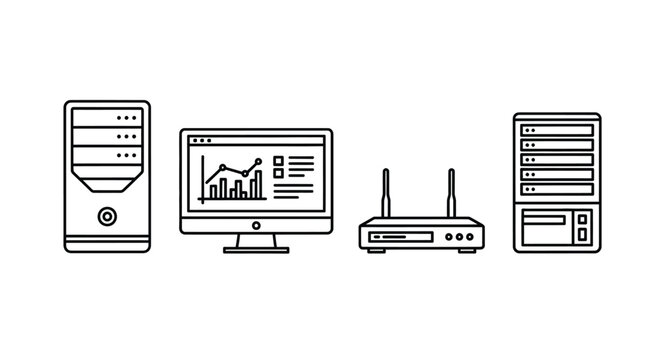 Digital technology icons computer monitor router server tower hardware components graphics vector