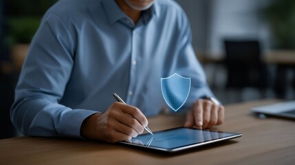 Modern business client signing insurance policy contract on tablet while digital holograms illustrate risk coverage, financial security, and customized protection plans, symbolizing advanced