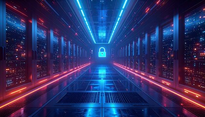 Futuristic server room hallway with vibrant neon lighting and a glowing padlock. Data center security concept