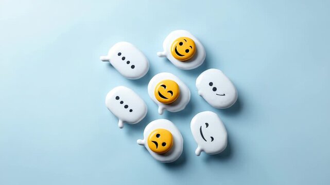 Speech bubbles with positive and negative emoticons changing their expression, symbolizing online communication, customer feedback, and the emotional dynamics of social media conversations