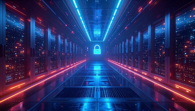 Futuristic server room hallway with vibrant neon lighting and a glowing padlock. Data center security concept