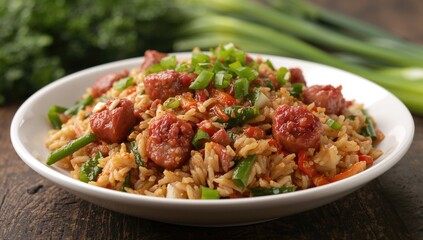 Fototapeta premium Fried rice featuring sausage and assorted vegetables, protein-rich meal