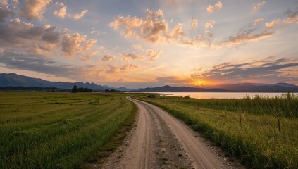 Sunset over a lakeside dirt path in a rural area