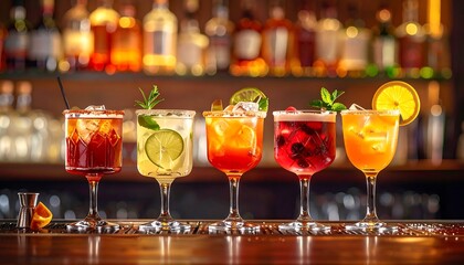 Five vibrant cocktails in stemmed glasses line a wooden bar, each with a unique garnish, showcasing various colors. The background is a blurred bar