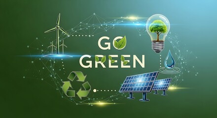 A vibrant illustration promoting environmental awareness and sustainability, featuring renewable energy sources and the message go green, emphasizing ecofriendly practices