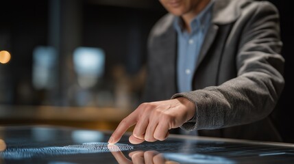Detective examining holographic evidence table with digital fingerprints and object scans, symbolizing interactive investigation, AI data mapping, and smart forensic visualization. cinematic color