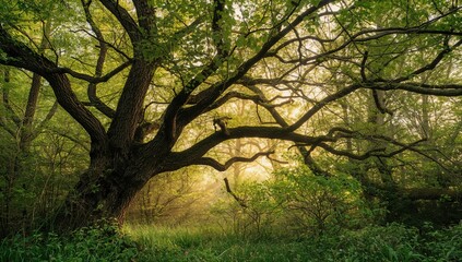 Fototapeta premium Enchanting green foliage in the intriguing woodland, seasonal change