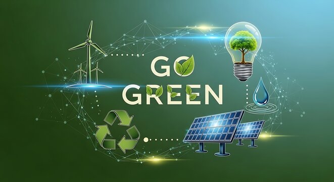 A vibrant illustration promoting environmental awareness and sustainability, featuring renewable energy sources and the message go green, emphasizing ecofriendly practices