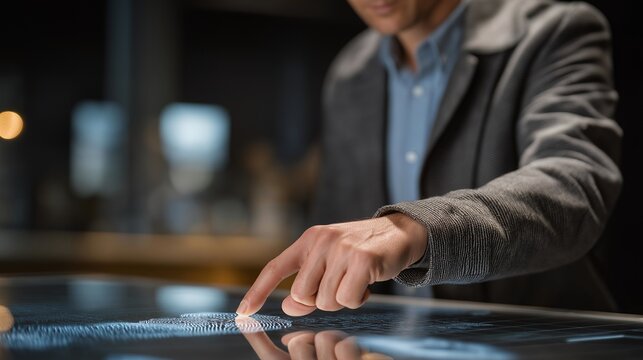 Detective examining holographic evidence table with digital fingerprints and object scans, symbolizing interactive investigation, AI data mapping, and smart forensic visualization. cinematic color