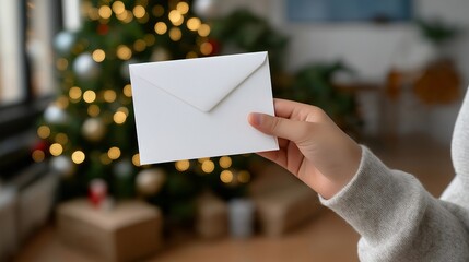 White letter paper mockup held by a child&rsquo;s hand near glowing Christmas tree decorations, emotion of hope and happiness visible, representing festive greeting design, holiday communication, and