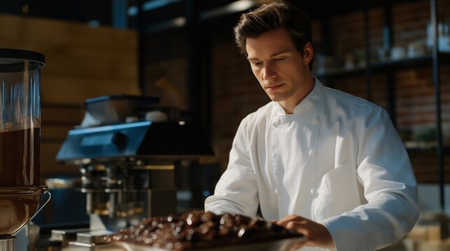 Professional kitchen with chocolate fountains, automated molding machines, and confectionery tools, emotion of artistic precision visible, representing luxury dessert production, modern candy
