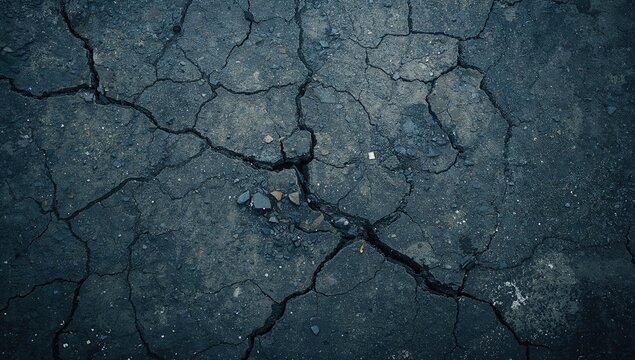 Damaged tarmac driveway texture, aerial view of fractured roadway, erosion risk