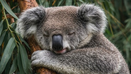 Obraz premium A big black nose of a snoozing koala is enveloped by dense grey fur, shielding it from rain and temperature changes across seasons. This tree-dwelling marsupial consumes eucalyptus foliage.