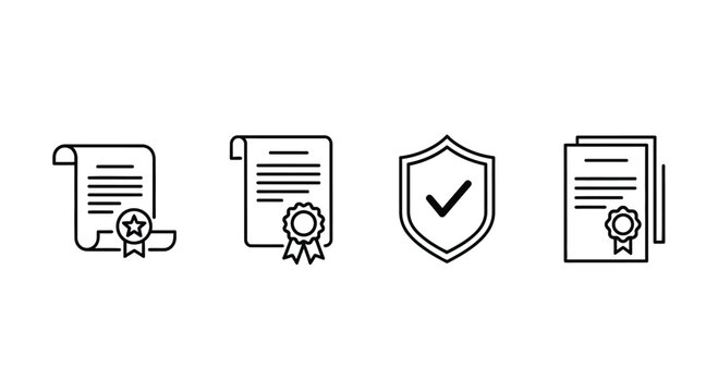 Hand drawn icons of certificates awards and shield with checkmark for quality assurance and security vector