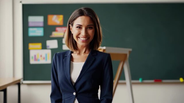 A woman in a navy blazer stands confidently in front of a green chalkboard, ready to engage with students. The woman&rsquo;s poised demeanor reflects her professionalism in the classroom
