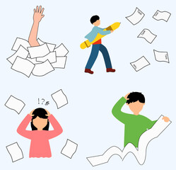 Collection of illustrations showing heavy workload, stress, and feeling overwhelmed by multiple tasks. Long list task
