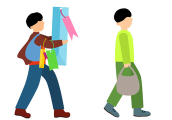 Flat-style illustration of two men. One in a red jacket with many shopping bags, and another in a green shirt holding a shopping bag