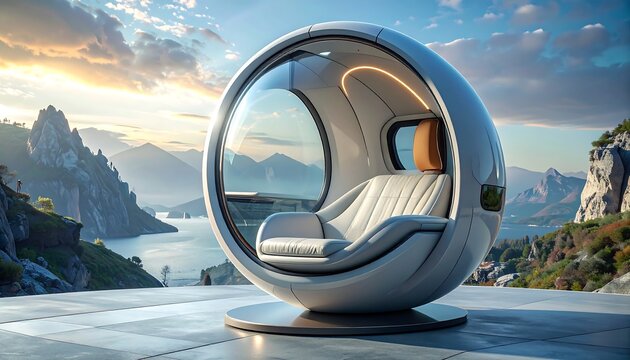 Futuristic egg-shaped lounge chair sits on a patio overlooking a scenic landscape. Golden sunlight illuminates the scene with mountains and water