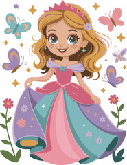 Cartoon princess with blonde hair in pink dress and butterflies girl