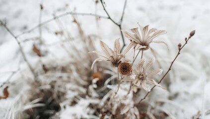 Dry flowers arranged on a white backdrop, seasonal change