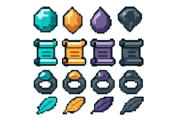 Collection of colorful game assets including magic rings, ancient scrolls, shiny gems, and feathers