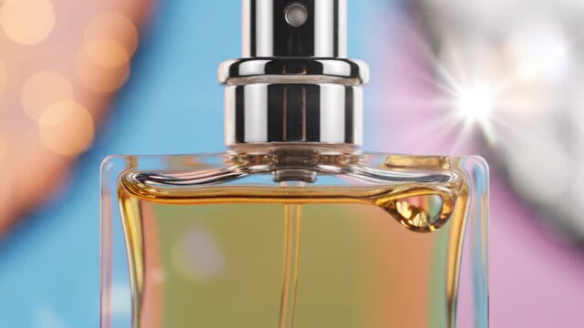 Captivating Minimalist Perfume Bottle Close-Up with Soft Pastel Hues and Upward Pan