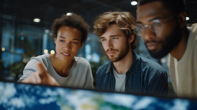 Team of researchers interacting with AR climate models displaying global weather patterns and carbon footprints, emotion of curiosity and collaboration visible, symbolizing environmental science,