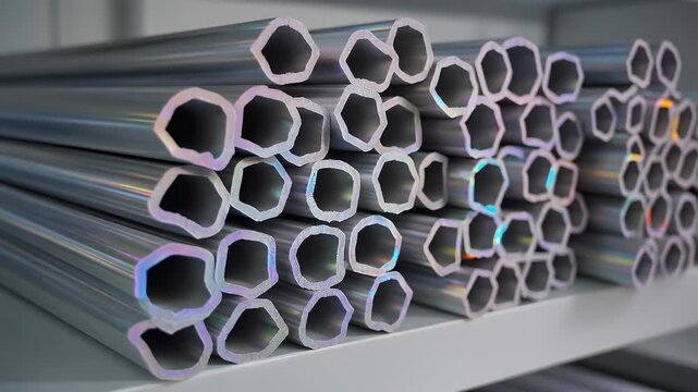 Closeup of a stack of shiny silver aluminum pipes with a hexagonal crosssection on a shelf in a warehouse or factory