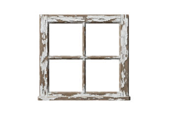 Antique, rustic wooden window frame, distressed with peeling white paint and brown wood grain, four empty panes, isolated on transparent background, soft shadow, concept for graphic overlay and