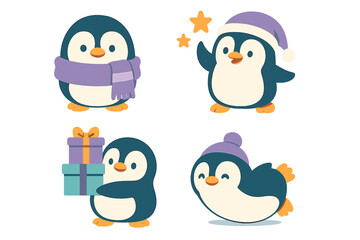 Naklejka premium Adorable cartoon penguins wearing winter hats and scarves holding gifts and celebrating