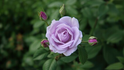 A pale purple rose bush with blossoms and buds in a garden setting