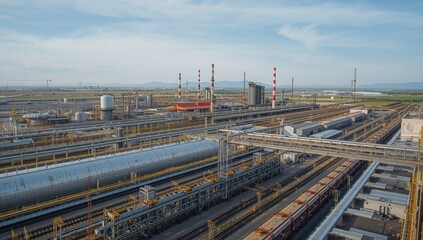 Fototapeta premium Industrial complex featuring storage tanks, railway lines, and processing units