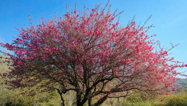 Pink blossoms of a tropical tree against a clear blue sky