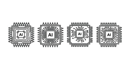 Four ai microchip processors with complex circuits representing artificial intelligence technology vector