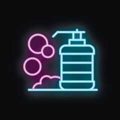 Bright neon icon of a soap dispenser, representing hygiene and cleanliness practices