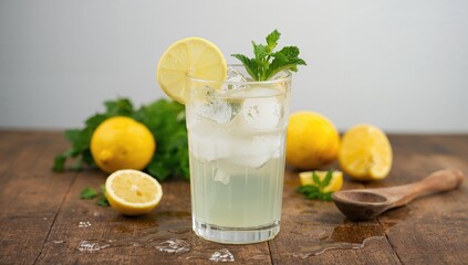 Refreshing lemon drink in a glass with mint and lemon slice on a white backdrop