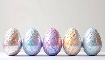 Five vibrant, opalescent eggs with a scaly texture are arranged in a row against a plain white backdrop