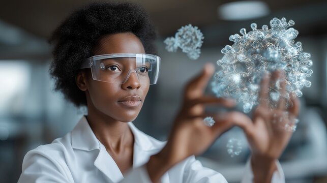 Close-up of scientist interacting with holographic virus structures through augmented reality interface, showing deep focus and emotional intensity, symbolizing futuristic biomedical research and