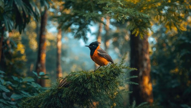 Photo of Small Minivet bird in its natural forest habitat with green leaves and trees
